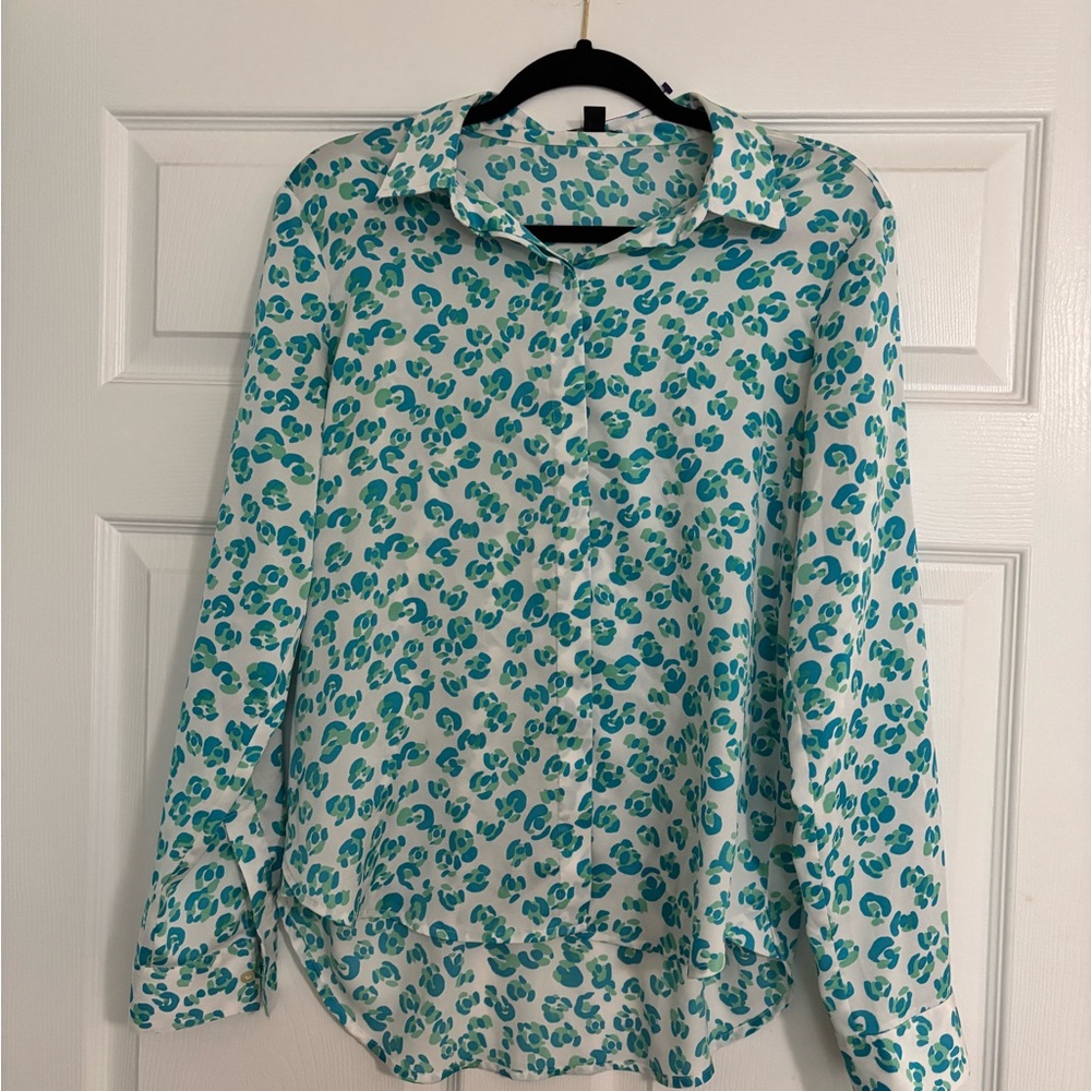 Ann Taylor White Button-Down Shirt with Teal Floral Print
